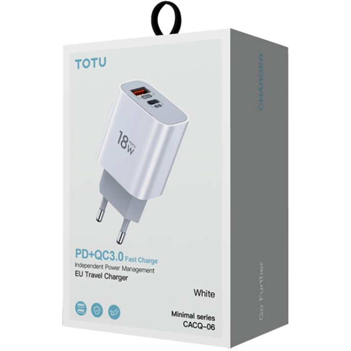 Сетевое зарядное устройство быстрое PD+QC 3.0 USB+USB Type-C TOTU Minimal Series CACQ-06 - Белое