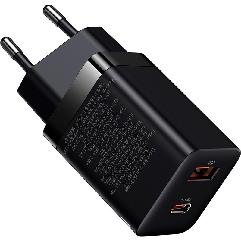 Сетевое зарядное устройство быстрое PD 3.0+QC 3.0 USB+USB Type-C Baseus Super Si Pro Quick Charger - Черное (CCSUPP-E01)