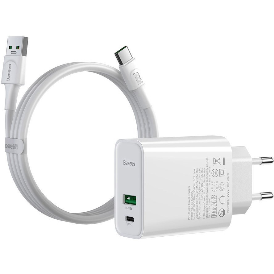 Сетевое зарядное устройство быстрое PD 3.0+QC 4+ USB+USB Type-C Baseus Speed PPS Quick Charger 30W VOOC - Белое (TZCCFS-H02)