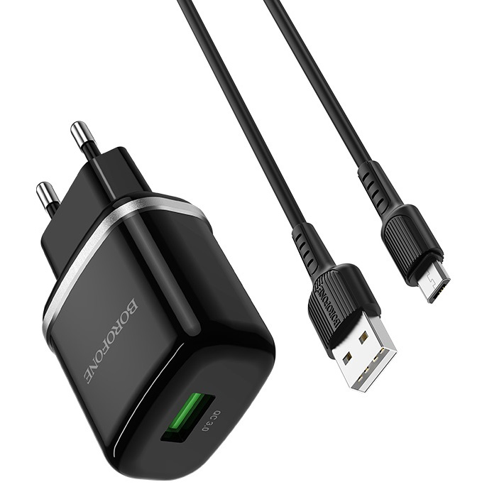 Сетевое зарядное устройство быстрое QC 3.0 с кабелем micro USB Borofone BA36A High Speed - Черное