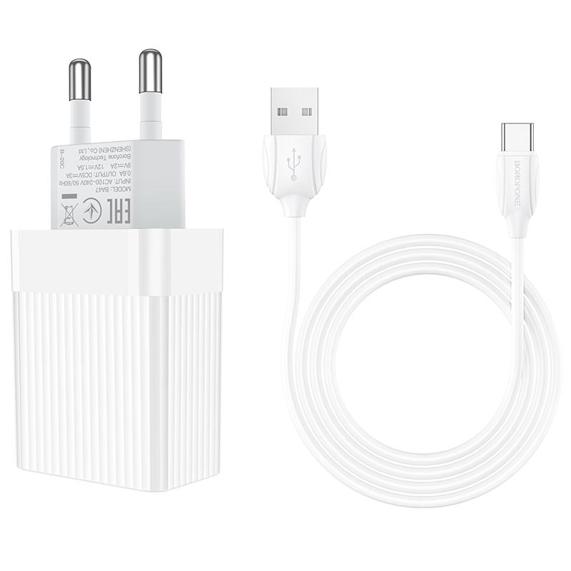 Сетевое зарядное устройство быстрое QC 3.0 с кабелем USB Type-C Borofone BA47A Mighty - Белое