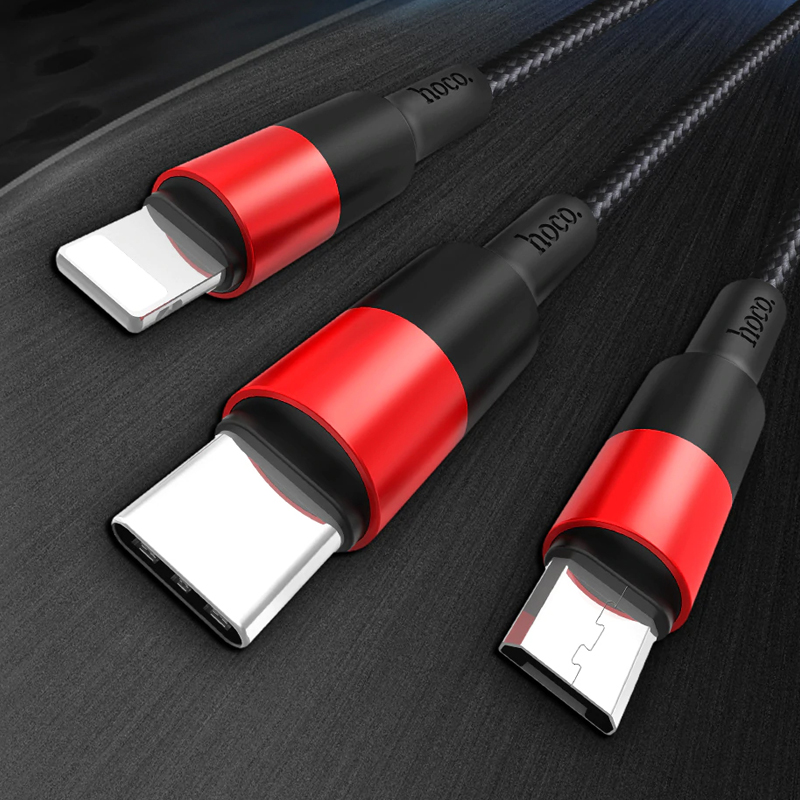 Кабель USB 2.0 A (m) - micro USB 2.0 B (m) 1м Hoco X26 Xpress 3in1 - Черный/Красный