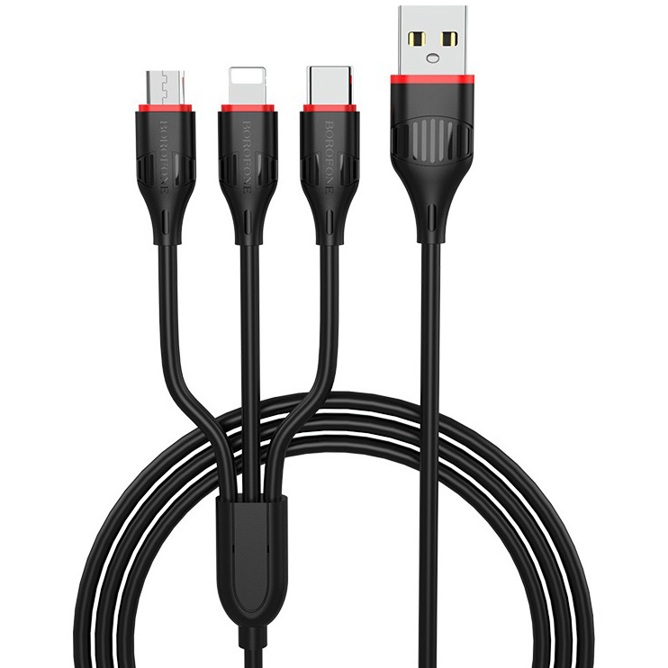 Кабель USB 2.0 A (m) - micro USB 2.0 B (m)+Lightning (m)+Type-C (m) 1м Borofone BX17 Enjoy 3-in-1 - Черный
