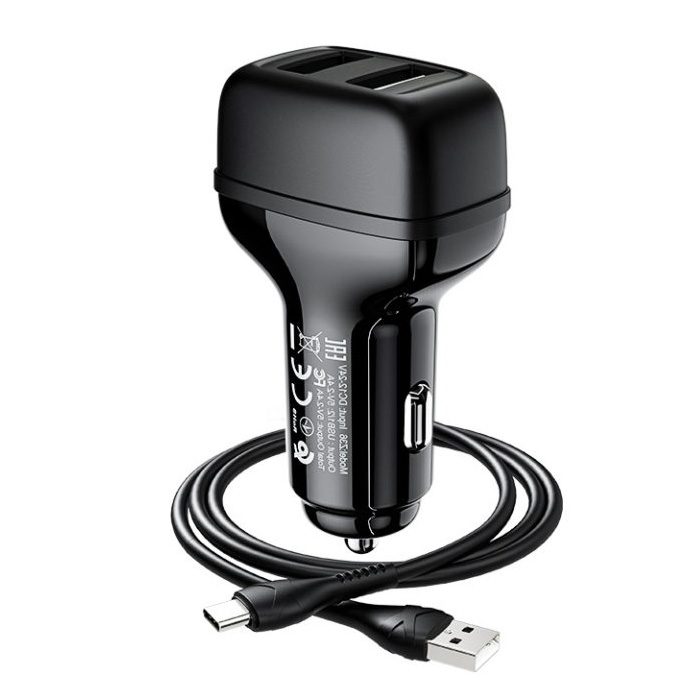 Автомобильное зарядное устройство 2xUSB с кабелем USB Type-C Hoco Z36 Leader - Черное