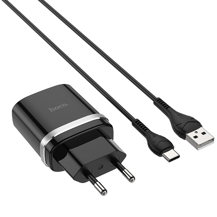 Сетевое зарядное устройство быстрое QC 3.0 с кабелем USB Type-C Hoco C12Q Smart - Черное