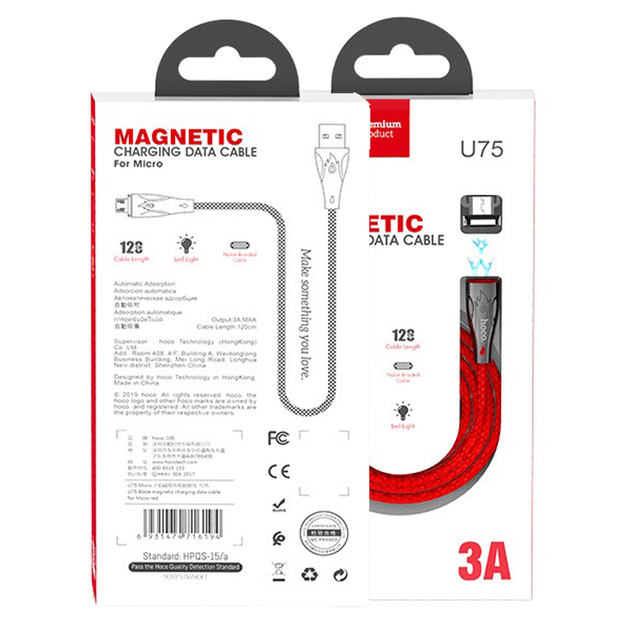 Магнитный кабель USB 2.0 A (m) - micro USB 2.0 B (m) 1.2м Hoco U75 Blaze - Красный