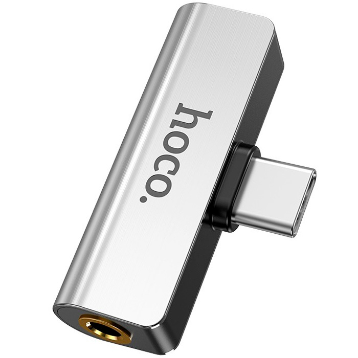 Переходник USB Type-C (m) - AUX 3.5мм (f) +USB Type-C (f) Hoco LS26 - Серебристый