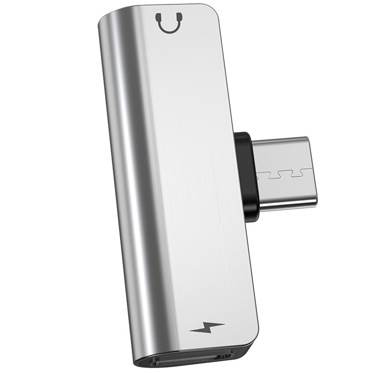 Переходник USB Type-C (m) - AUX 3.5мм (f) +USB Type-C (f) Hoco LS26 - Серебристый