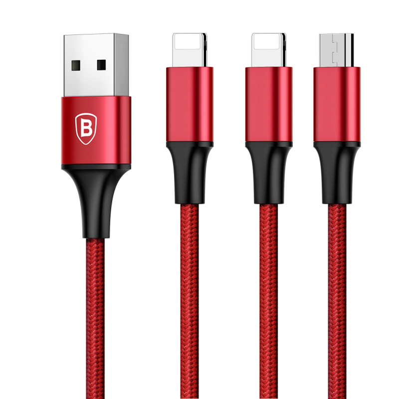 Кабель USB 2.0 A (m) - micro USB 2.0 B (m)+2xLightning (m) 1.2м Baseus Rapid 3-in-1 - Красный (CAMLL-SU09)