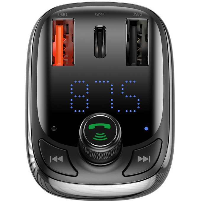 Автомобильное зарядное устройство быстрое PD 3.0+QC 4+ с FM-трансмиттером 2xUSB+USB Type-C Baseus T typed - Черное (CCTM-B01)