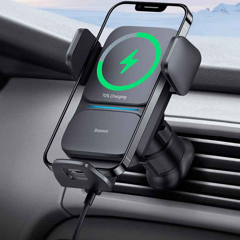 Автомобильный держатель для телефона в дефлектор с беспроводной быстрой зарядкой 15W Baseus Wisdom Auto Alignment - Черный