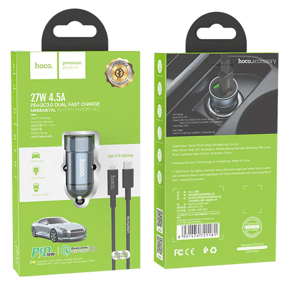 Автомобильное зарядное устройство быстрое PD+QC 3.0 USB+USB Type-C с кабелем Lightning Hoco Z32B Speed Up - Metal Gray