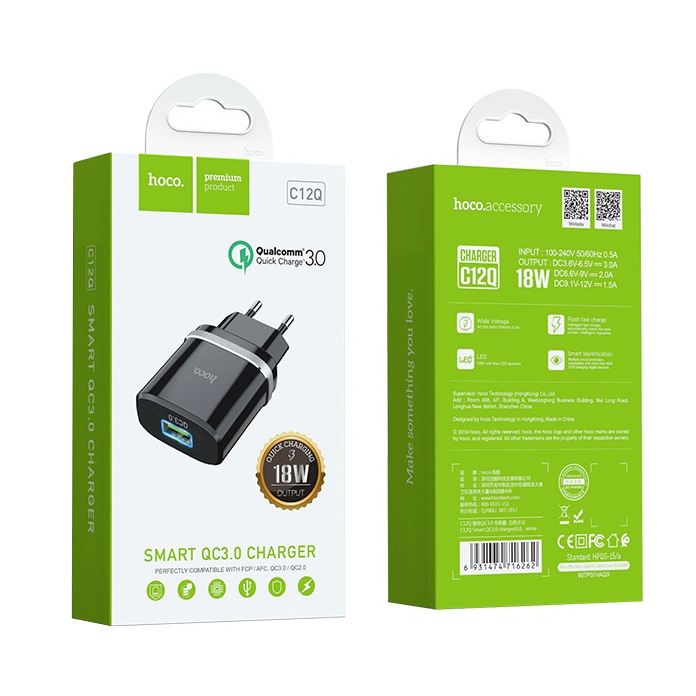 Сетевое зарядное устройство быстрое QC 3.0 Hoco C12Q Smart - Черное