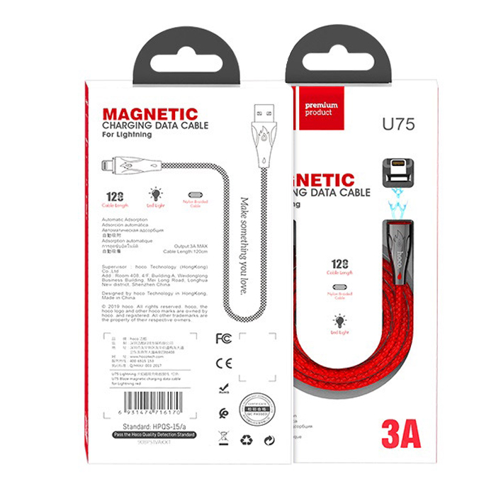 Магнитный кабель USB 2.0 A (m) - Lightning (m) 1.2м Hoco U75 Blaze - Красный