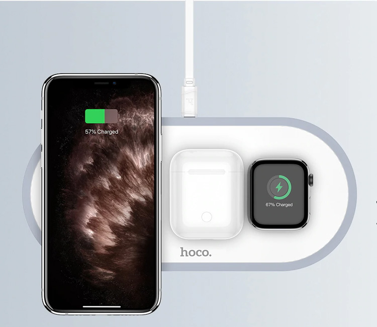 Беспроводная зарядка для телефона, наушников и Apple Watch быстрая Hoco CW24 Handsome 3-in-1 - Белая – купить в магазине Audio-drive